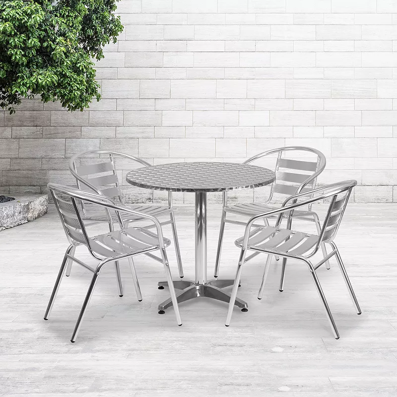 Emma and Oliver 31.5 Round Aluminum Table Set with 4 Slat Back Chairs