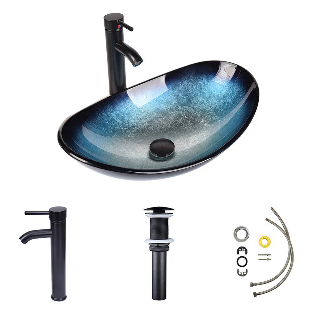 Puluomis Boat Shape Blue Glass Vessel Sink with Faucet in Black included Pop-up Drain USGB0005-BL