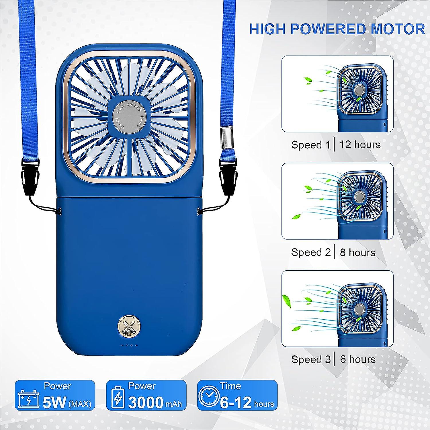 Usb Fan Mini Fan Quiet Hanging Hand Fan， Usb Rechargeable With 3 Speeds， Foldable And Portable Fan For Home， Office And Travel (blue)