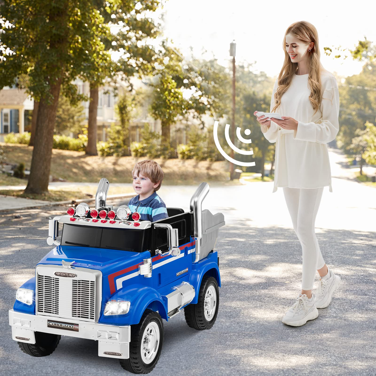 Costzon Electric Car for Kids, 12V Licensed Freightliner Ride on Dump Truck w/ Remote Control, Rear Loader