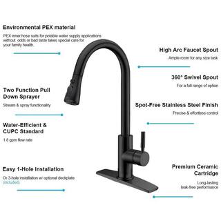 ruiling Modern Single-Handle Pull-Down Sprayer Kitchen Faucet with Lead-free in Stainless Steel Matte Black ATK-103-1