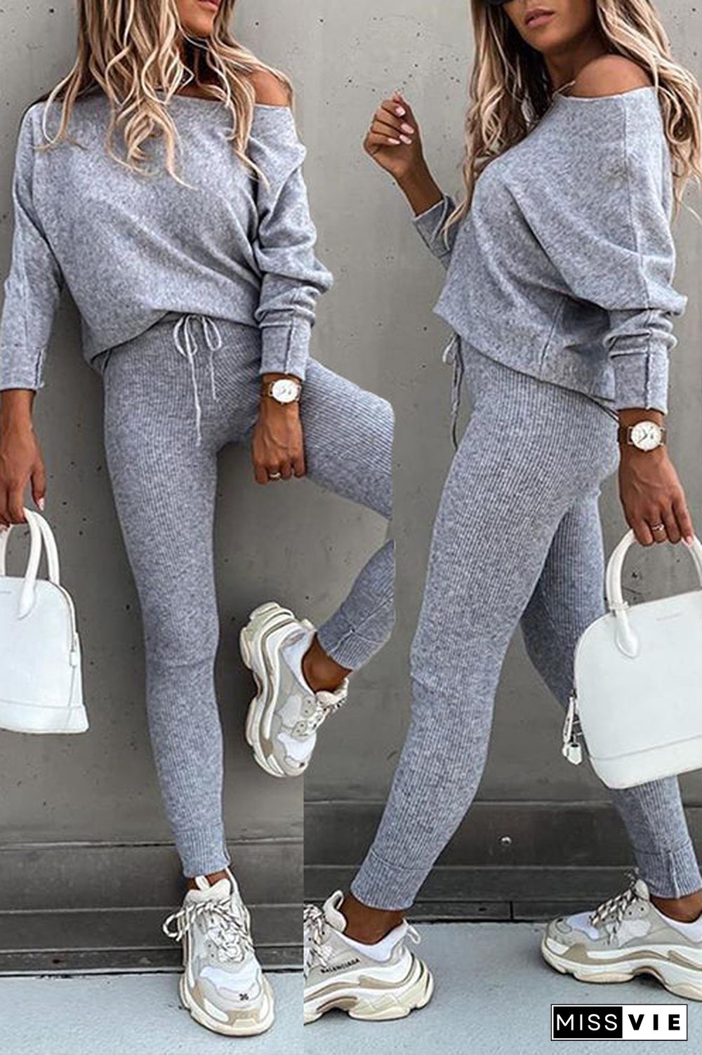 Dew Shoulder Knit Pants Set