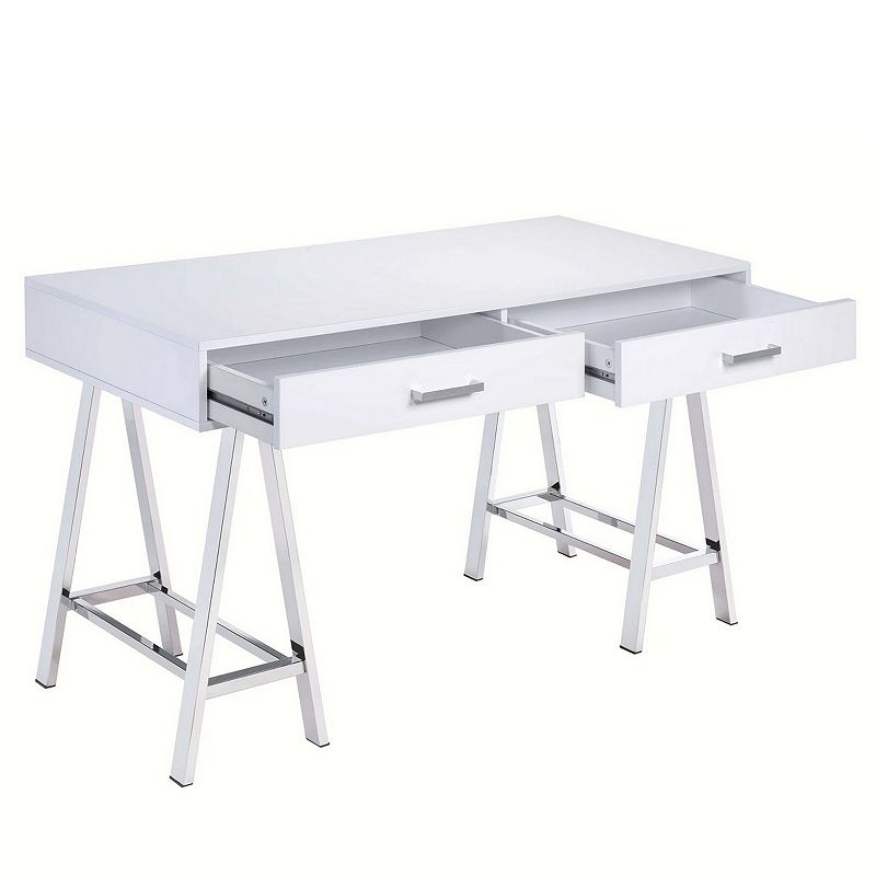 Rectangular Two Drawers Wooden Desk with Saw horse Metal Legs， Silver and White