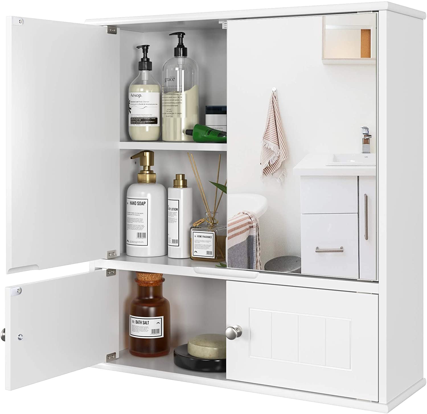 Homfa Medicine Cabinet, Wall Mount Mirror Cabinet with Door & Shelves for Bathroom, White