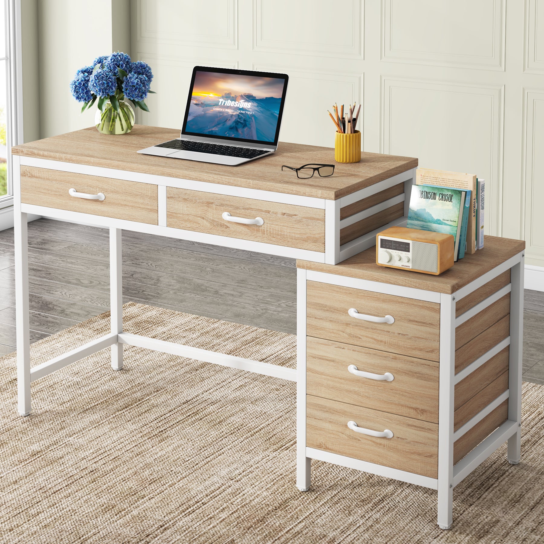 5-Drawer Computer Desk, Study Writing Table with Reversible Drawer Cabinet