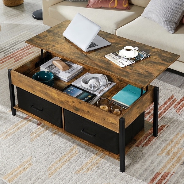 Yaheetech Lift Top Wood Coffee Table with Fabric Storage Baskets