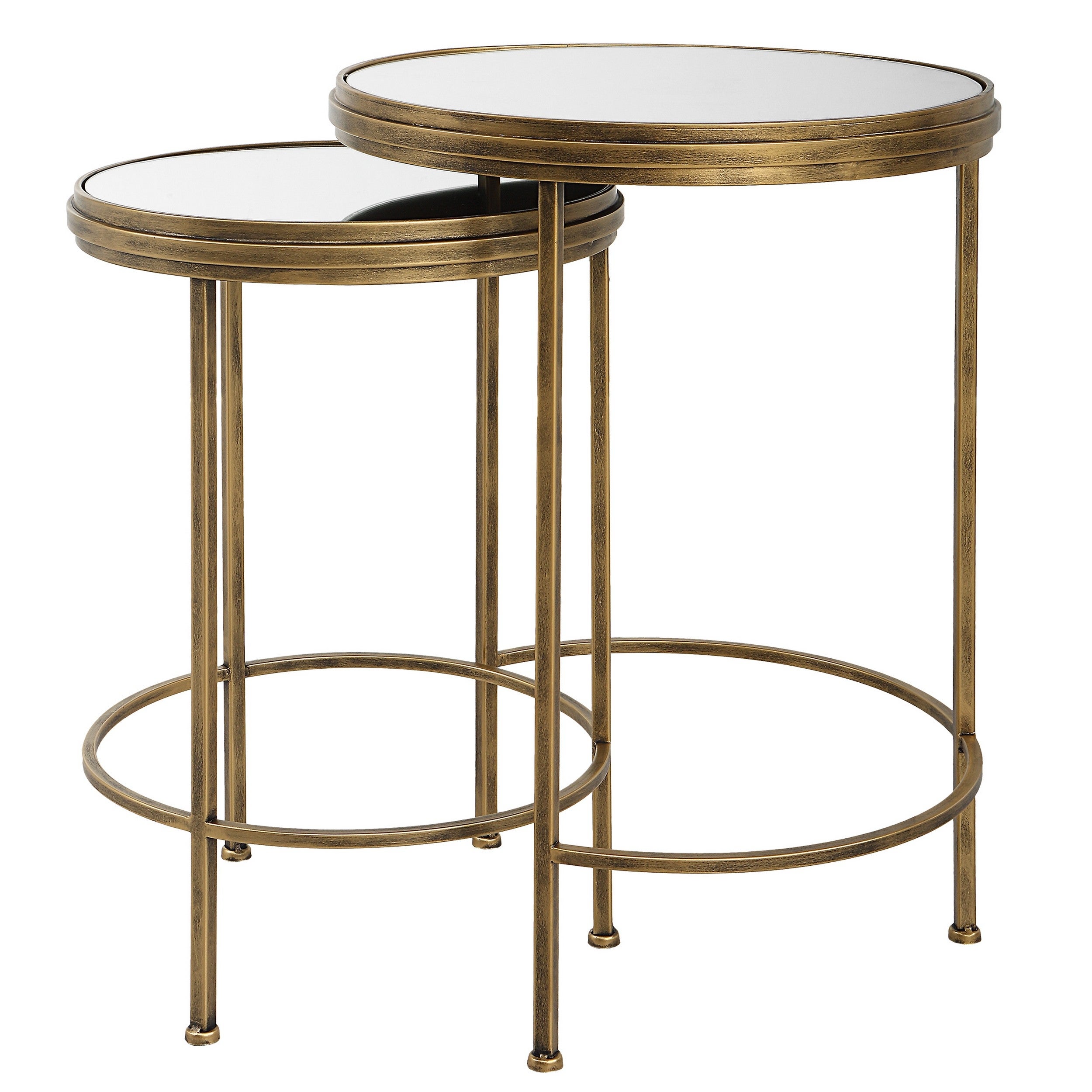 15， 18 Inch Set of 2 Nesting Accent Tables with Mirrored Tops， Modern， Gold