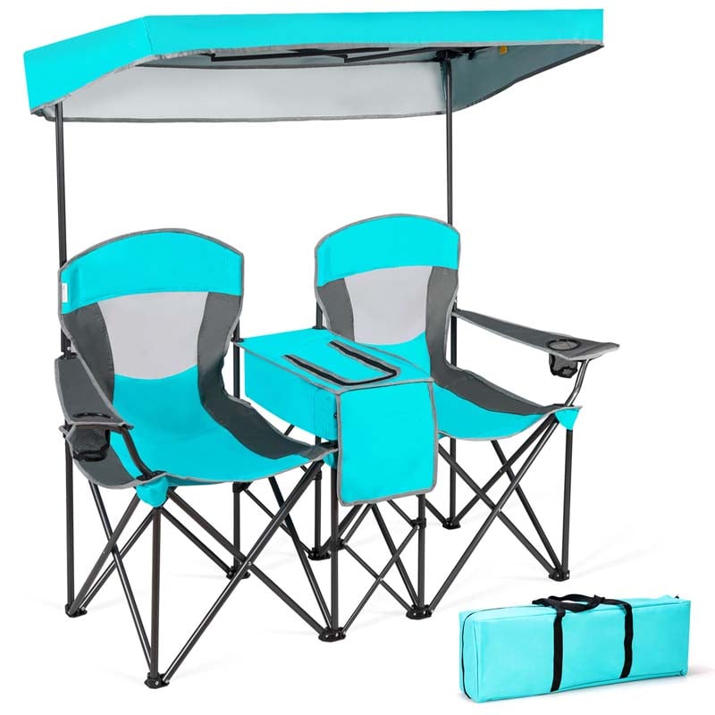 Double Sunshade Camping Canopy Chair with Mini Table, Cup Holder, Portable Folding Beach Chair with Canopy