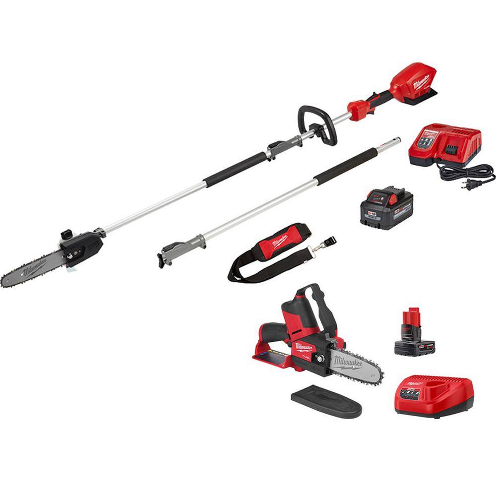 MW M18 FUEL 10 in. 18-Volt Lithium-Ion Brushless Cordless Pole Saw Kit wM12 FUEL 6 in. HATCHET Pruning Saw Kit (2-Tool) 2825-21PS-2527-21