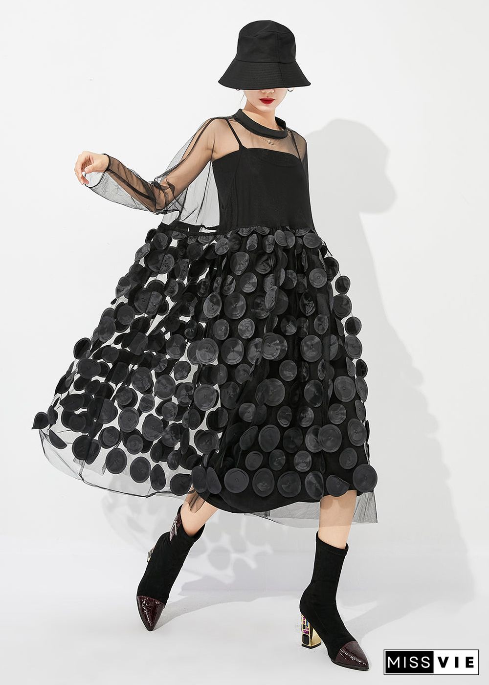 Casual Black Oversized Patchwork Hollow Out Tulle Long Dress Summer