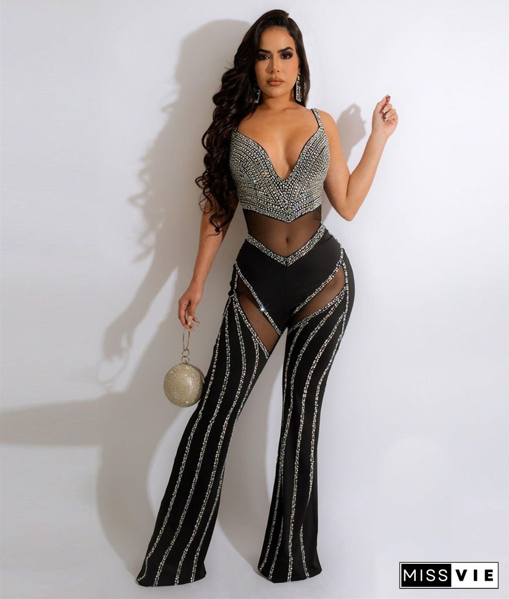 Deep V Backless Sling Hot Drilling Nightclub Jumpsuit