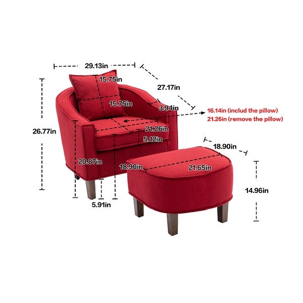 Modern Barrel Chair Mid Century Upholstered Accent Chair Round Arms Chair with Ottoman， Red