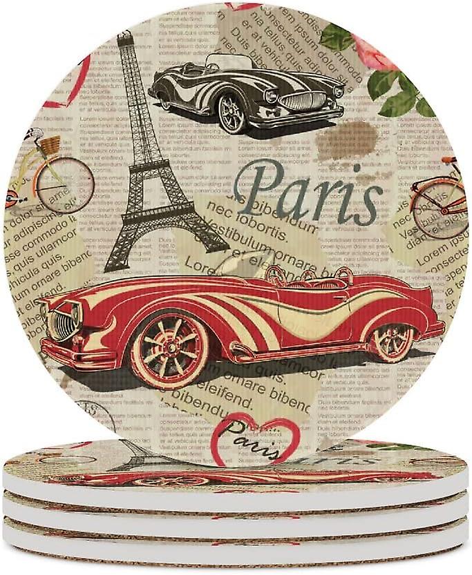 4pcs Round Vintage Paris Travel Wallpaper Ceramic Coasters With Cork-backed For Coffee Drink Cup Mat Absorbent Stone Coasters