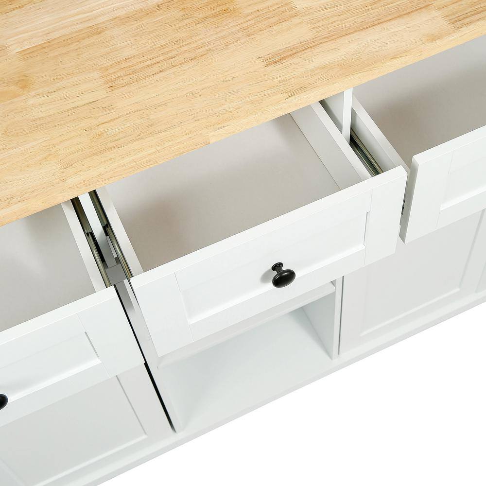 Runesay White Rubber Wood 53 in. W Kitchen Island Cart with Drop-Leaf Countertop and Cabinet Door Internal Storage Racks KIW-231