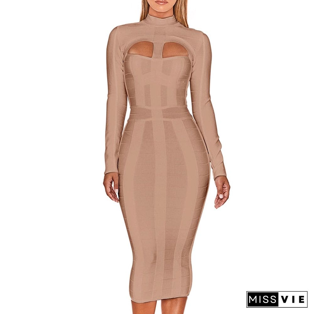 Women White Bandage Dress Bodycon New Arrivals Sexy Cut Out High Neck Long Sleeve Party Rayon Bandage Midi Dress