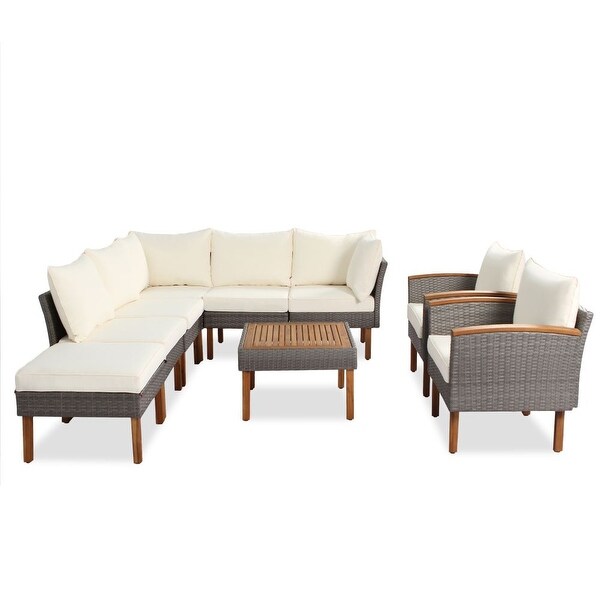 9Piece Patio Rattan Furniture Set，Outdoor Conversation Set With Acacia Wood Legs and Tabletop