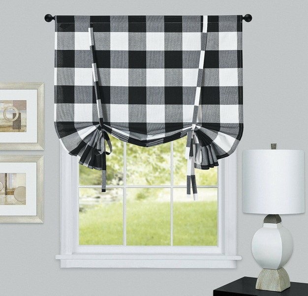 Kate Aurora Country Farmhouse Buffalo Plaid Gingham Single Tie Up Window Curtain Shades