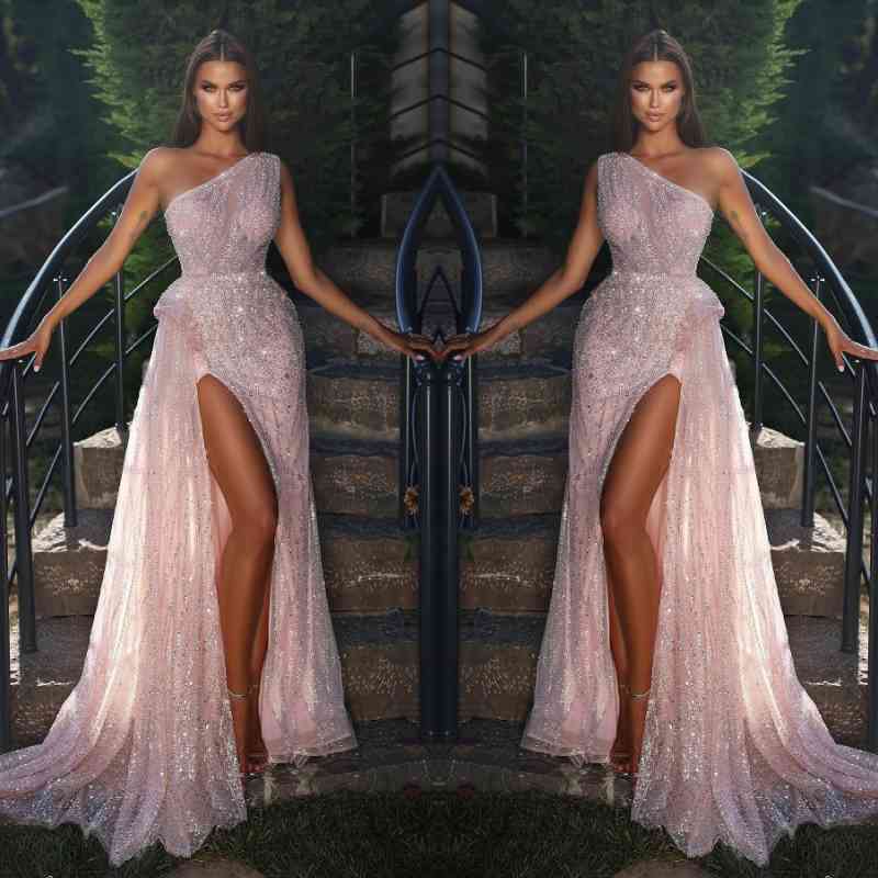 Pink One Shoulder Mermaid Evening Dress Long Split With Sequins Beads