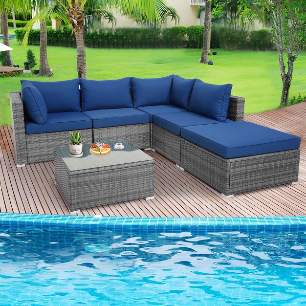 Costway 6pcs Patio Wicker Furniture Set Cushioned Sectional Sofa Coffee Table Navy Deck