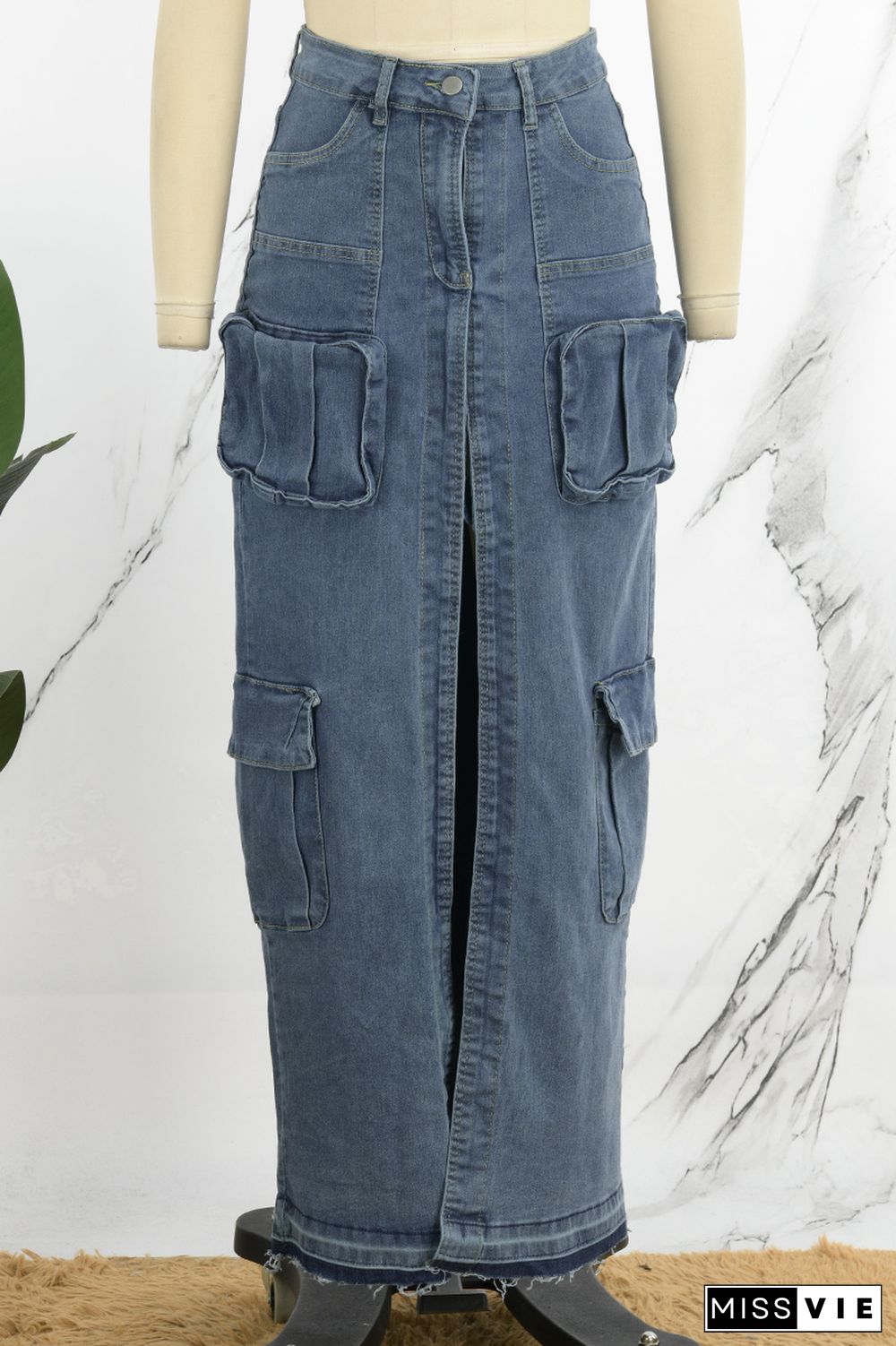 Deep Blue Casual Solid Patchwork Slit High Waist Regular Denim Skirts