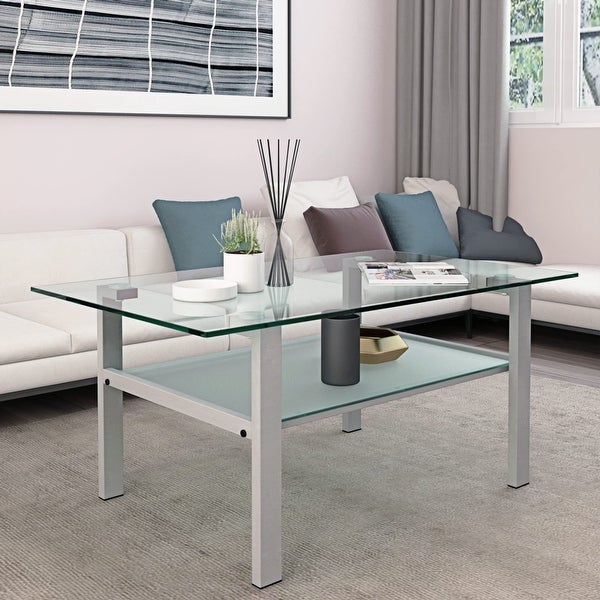 Glass Coffee Table and End Table Sets of 3 for Living Room， Clear Tempered Glass and Gray Metal Leg， - as picture