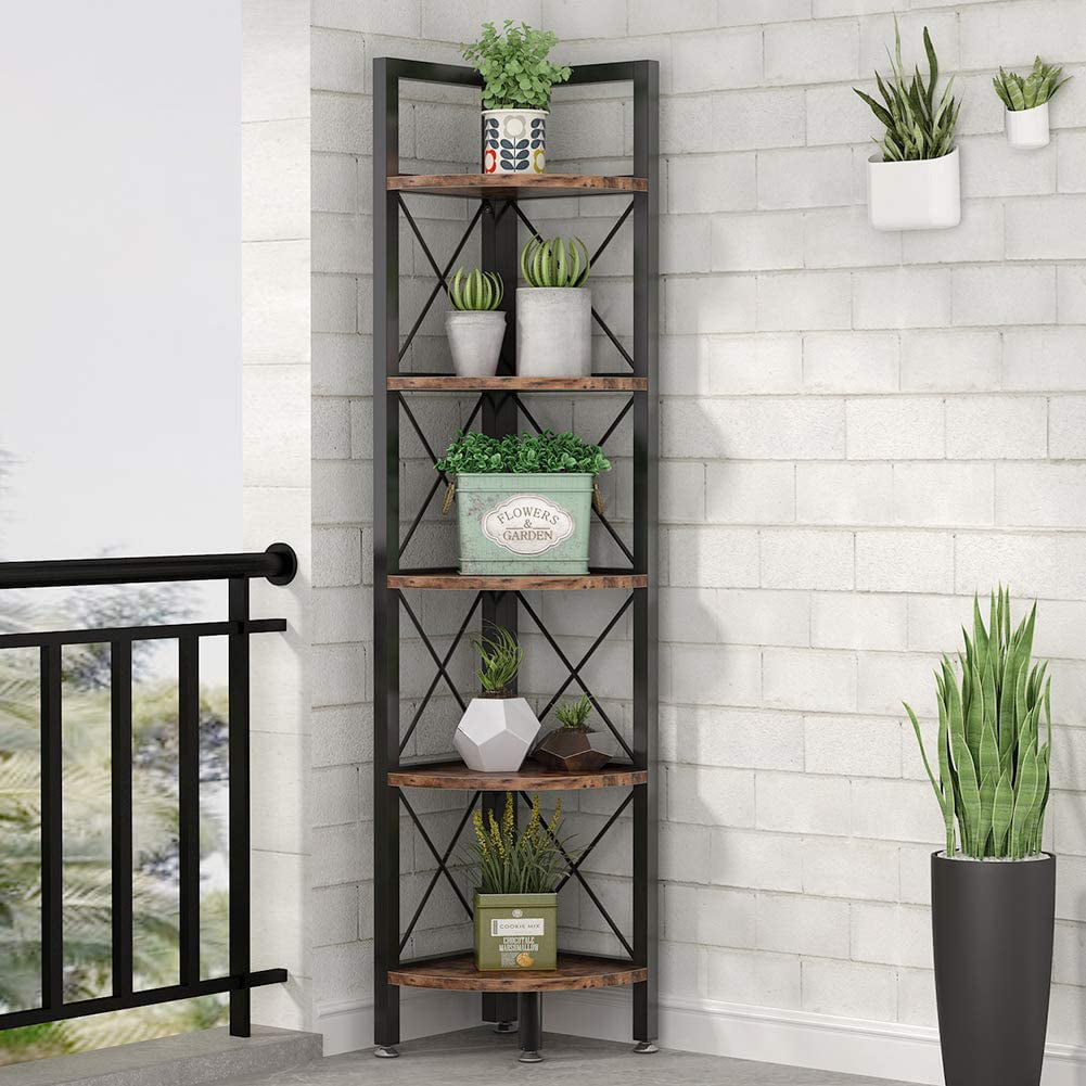 Rustic 5 Tier Corner Shelf, Corner Bookshelf Small Bookcase Plant Stand for Living Room, Home Office, Kitchen, Small Space