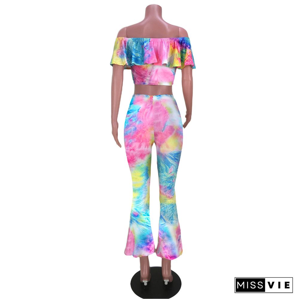 Tie Dye Ruffle Slash Neck Crop Top Flare Pants Outfits