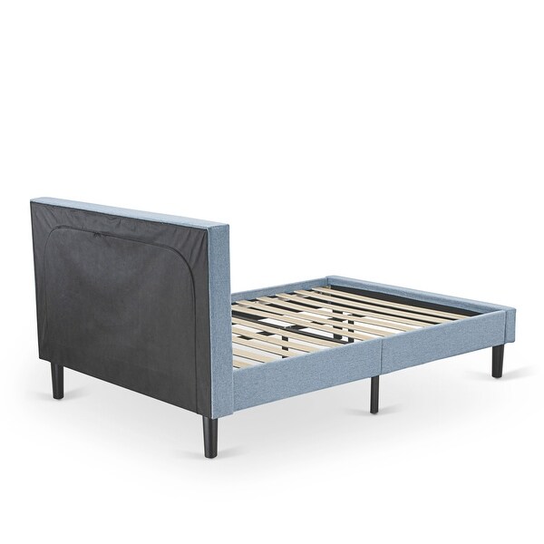 Platform Bedroom Set with Full Bed Frame and a Wooden Night Stand - Denim Blue Linen Fabric - - 33887396