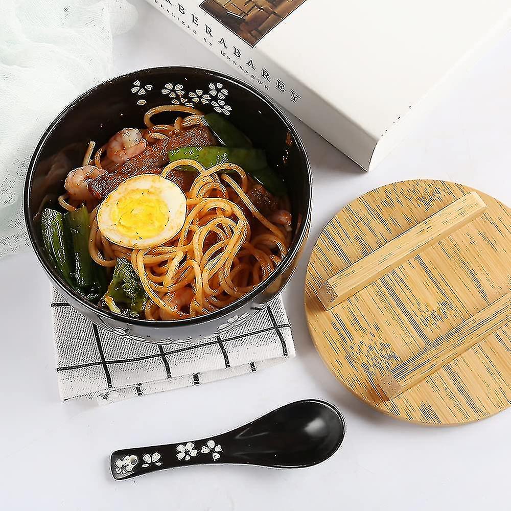 Ramen Bowl Set， Japanese Ramen Noodle Bowls With Lid Spoon， Large Ceramic Soup Bowl， Black Hand Drawn Rice Bowl Retro Tableware Noodle Bowl 6.5 Inch-p