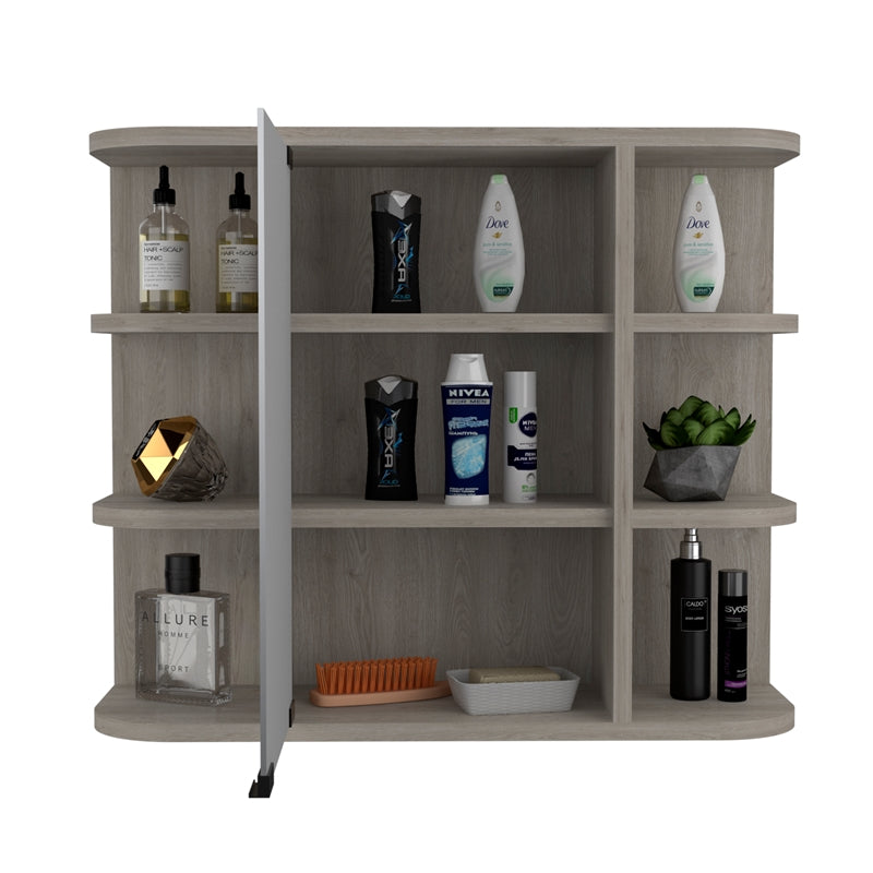 TUHOME Milan Medicine Cabinet, Six External Shelves Mirror, Three Internal Shelves, Light Grey, For Bathroom