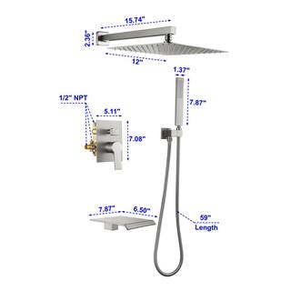 FLG Single-Handle 1-Spray Tub and Shower Faucet with Hand Shower and 12 in. Shower Head in Brushed Nickel (Valve Included) SS-0057-BN-12