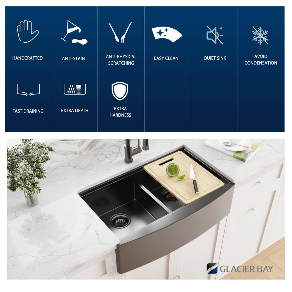 Glacier Bay 33 in. Gunmetal Black Stainless Steel Double Bowl Farmhouse Workstation Kitchen Sink with Black Spring Neck Faucet ACS3322A2Q-FW