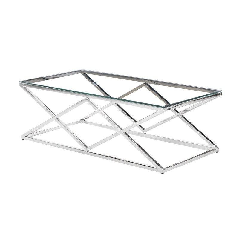 Best Master Furniture Clear Glass and Silver Stainless Steel Rectangular Coffee Table