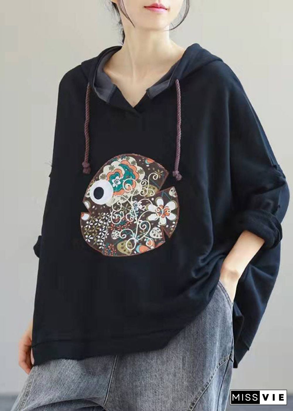 Beautiful Navy Hooded Drawstring Embroideried Fall Side Open Sweatshirts Top