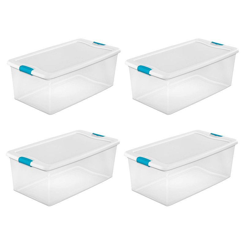 Sterilite 106 Qt Clear Plastic Stackable Storage Bin w/ White Latch Lid， 4 Pack