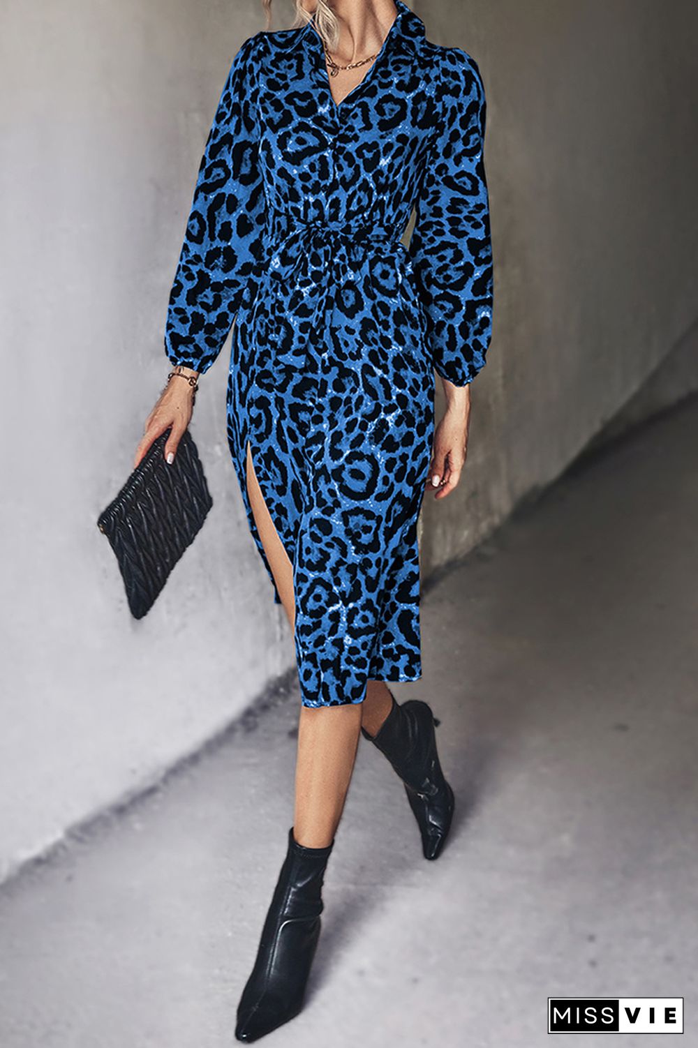 Button Down High Waist Leopard Midi Dress