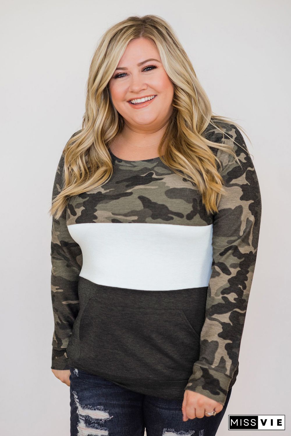 Plus Size Camo Color Block Pullover Top