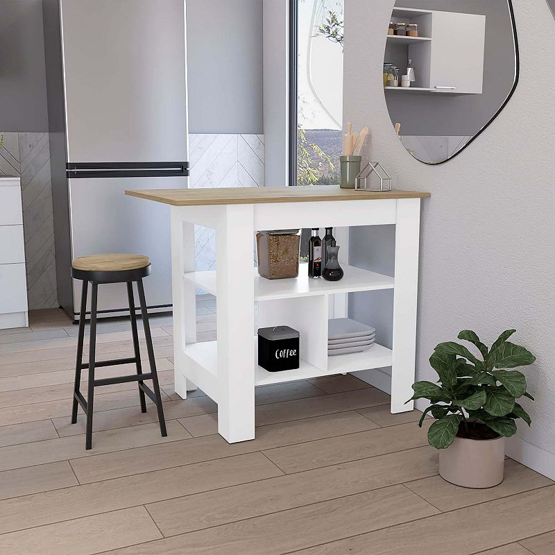 DEPOT E-SHOP Finley Kitchen Island with Counter Space， White / Macadamia