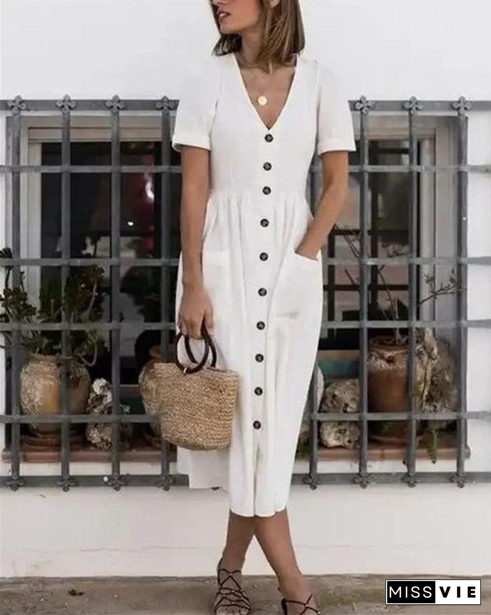 Solid Short Sleeve Button  Midi Dress