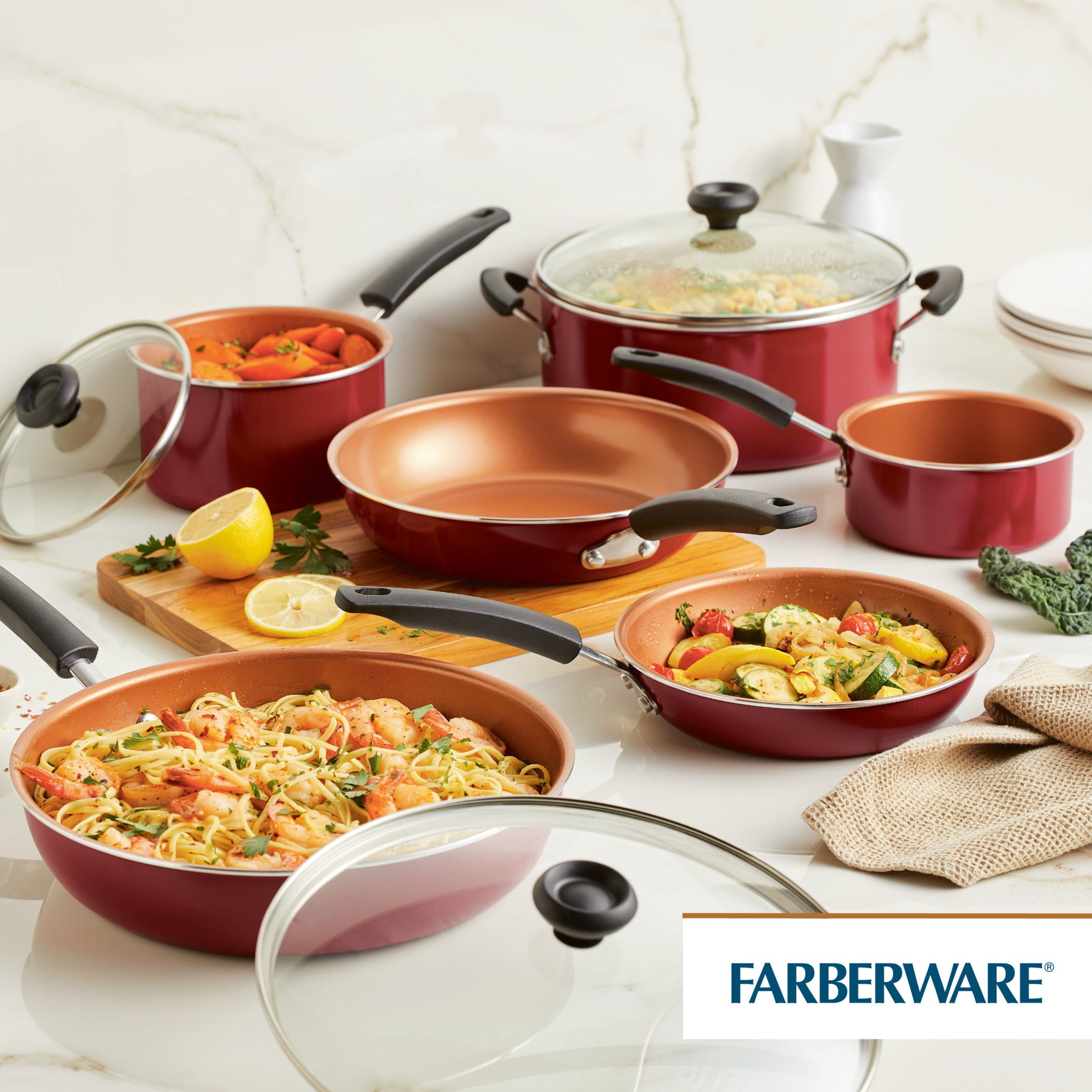 Farberware Easy Clean Pro Aluminum Nonstick Cookware Pots and Pans Set, 14-Piece, Red