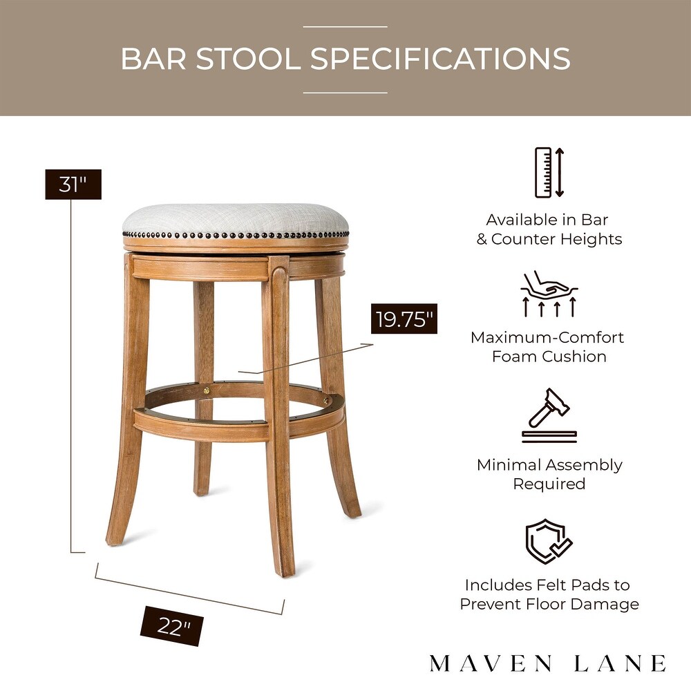 Maven Lane Alexander Backless Bar Stool in Weathered Oak Finish w/ Sand Color Fabric Upholstery