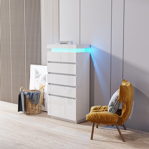 Modern 6-Drawer Dresser with LED Lights， Chest of 6 Drawers， Storage File Cabinet Unit Nightstandfor Bedroom - - 37165027