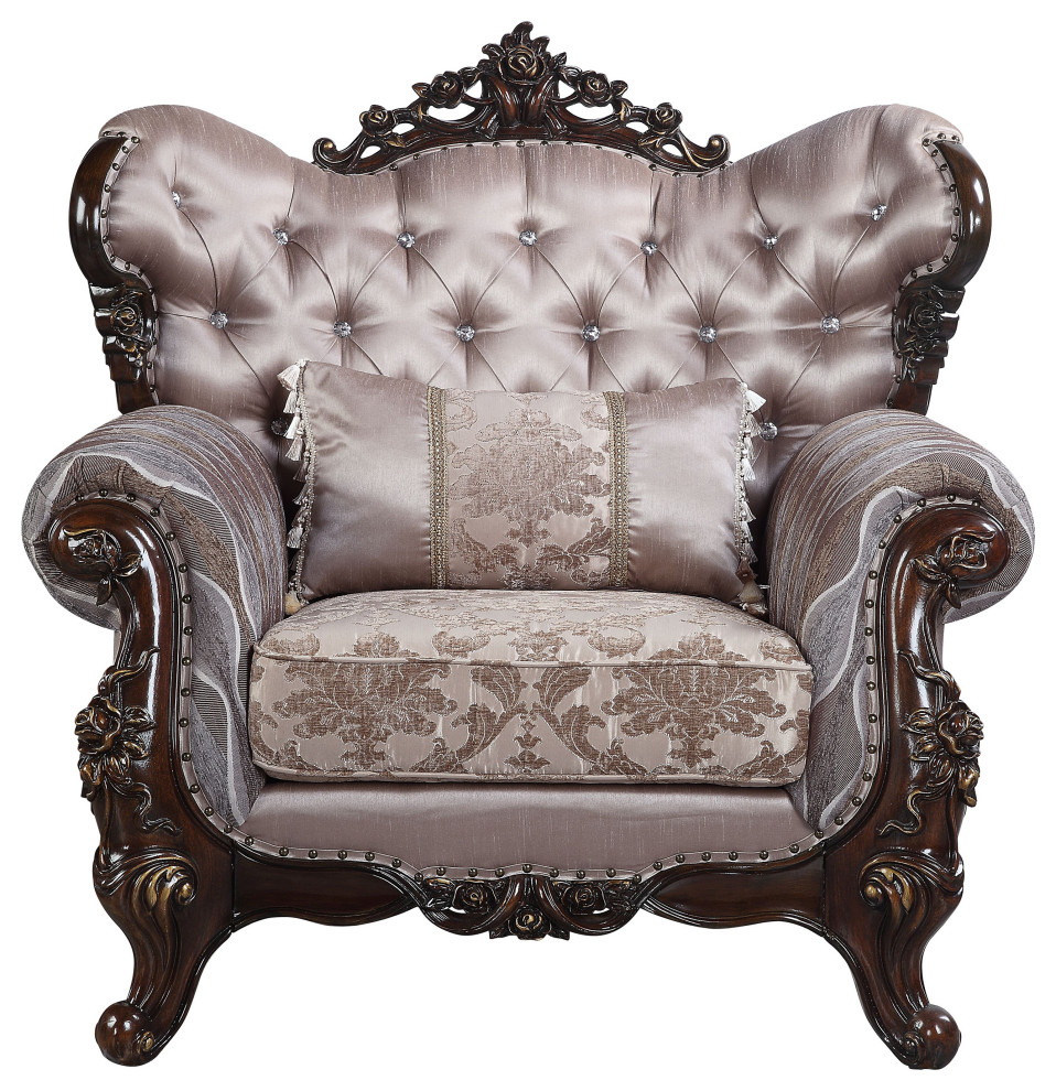 ACME Benbek Chair with Pillow in Taupe and Antique Oak   Victorian   Armchairs And Accent Chairs   by Acme Furniture  Houzz