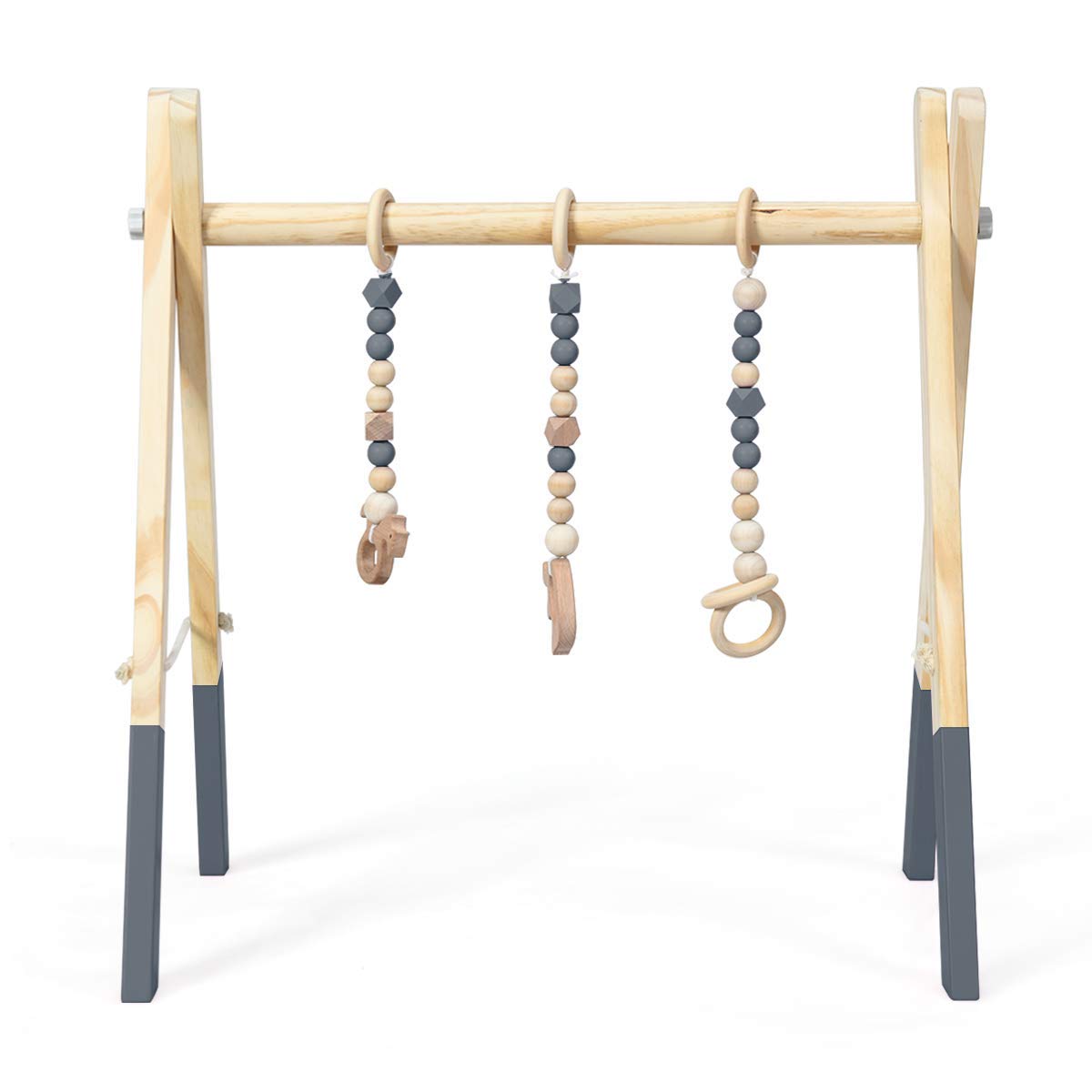 BABY JOY Portable Wooden Baby Gym, Foldable Baby Play Gym Frame with 3 Wooden Baby Teething Toys