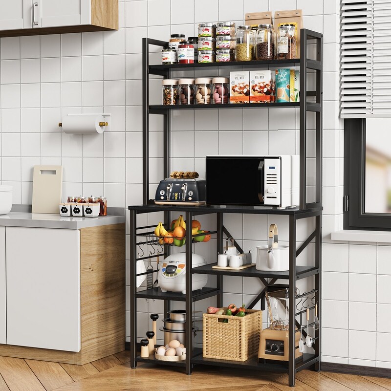 5 Tier Kitchen Bakers Rack with Storage Shelves  Microwave Stand Shelf with Basket Side Hooks