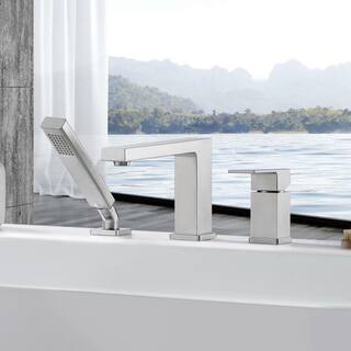 Ultra Faucets Rift Single Handle Deck-Mounted Roman Tub Faucet with Hand Shower in Brushed Nickel UF65843