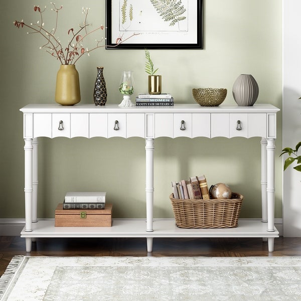 Antique White Wood Entryway Console Table with 4 Drawers and 1 Shelf