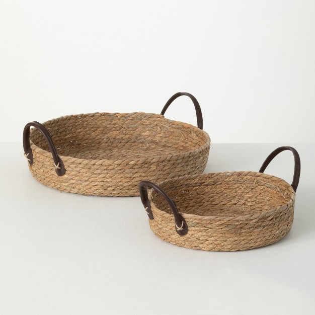 Sullivans Handled Woven Wicker Tray Set Of 2 6 quot h amp 5 5 quot h Brown