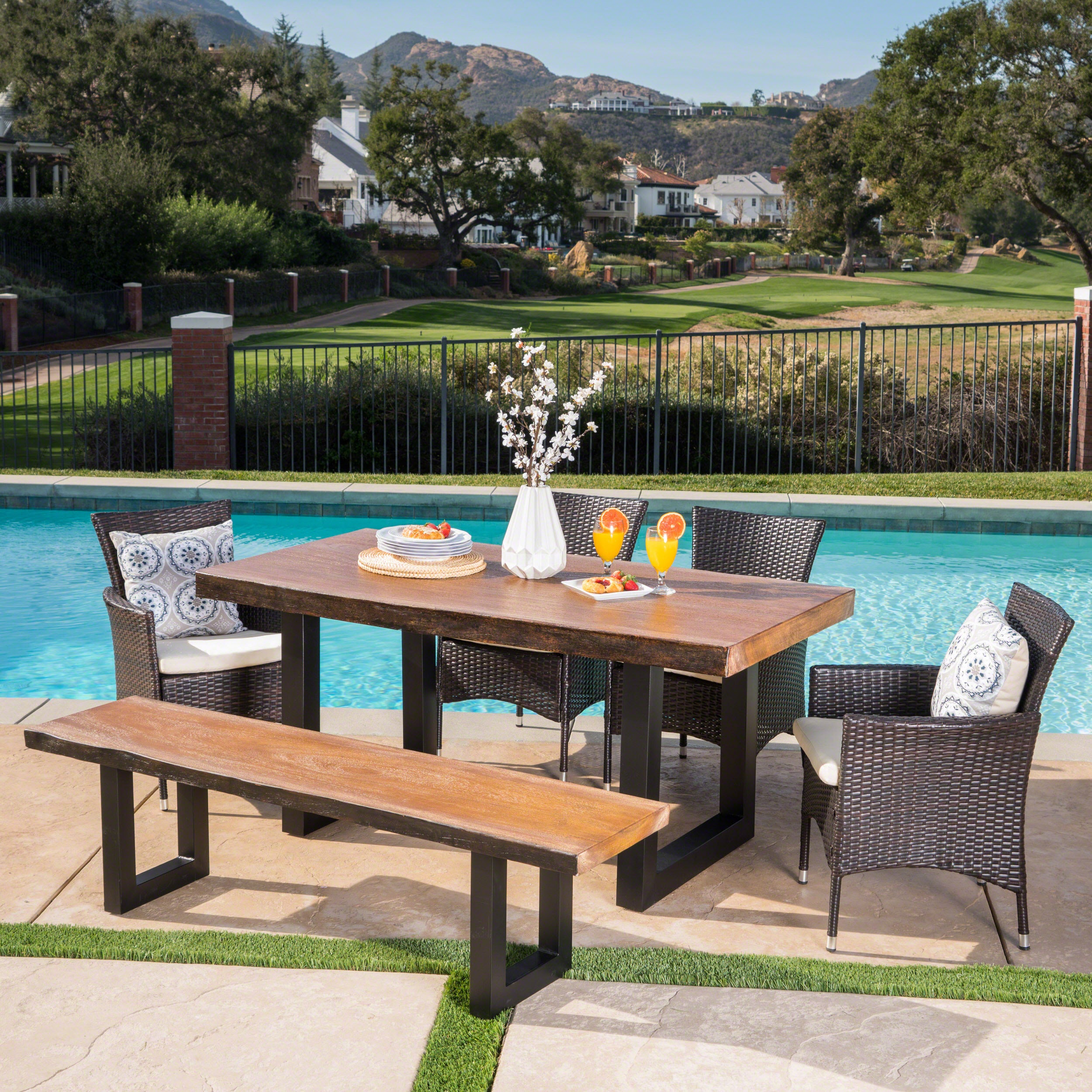 Louise Outdoor 6 Piece Multibrown Wicker and Concrete Dining Set