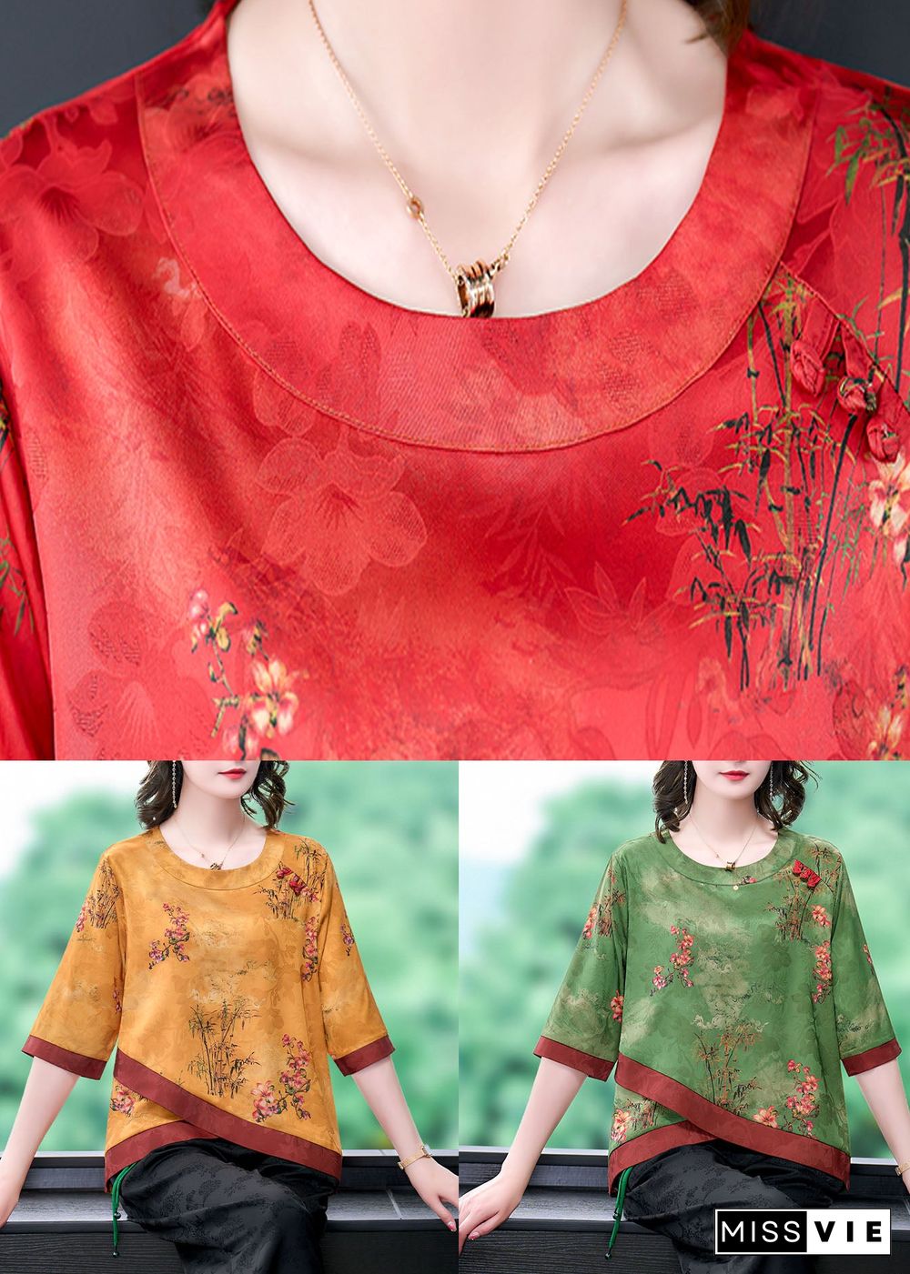 French Red O Neck Print Patchwork Silk Shirt Tops Summer